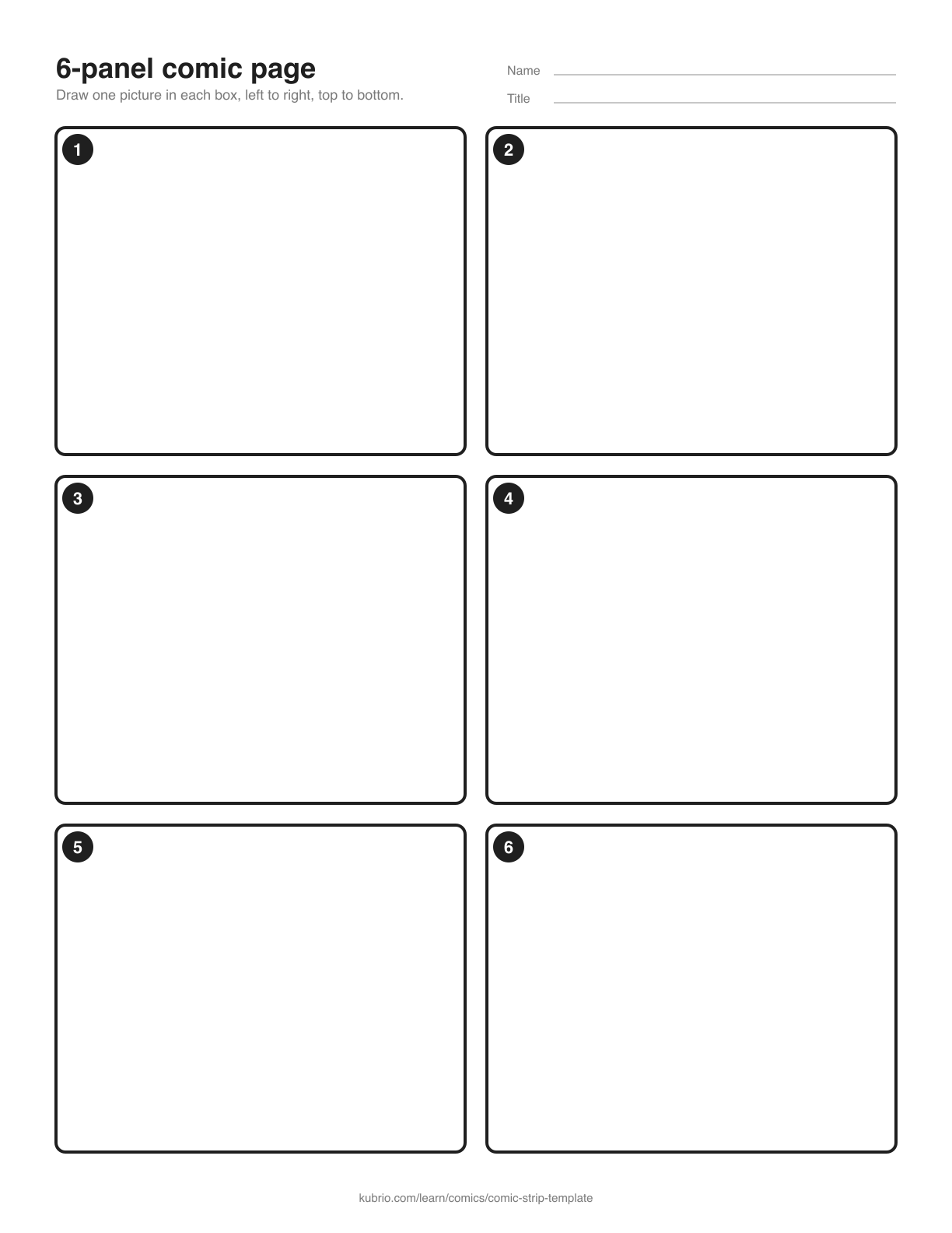 A blank portrait page with six numbered comic panels in two columns and three rows.