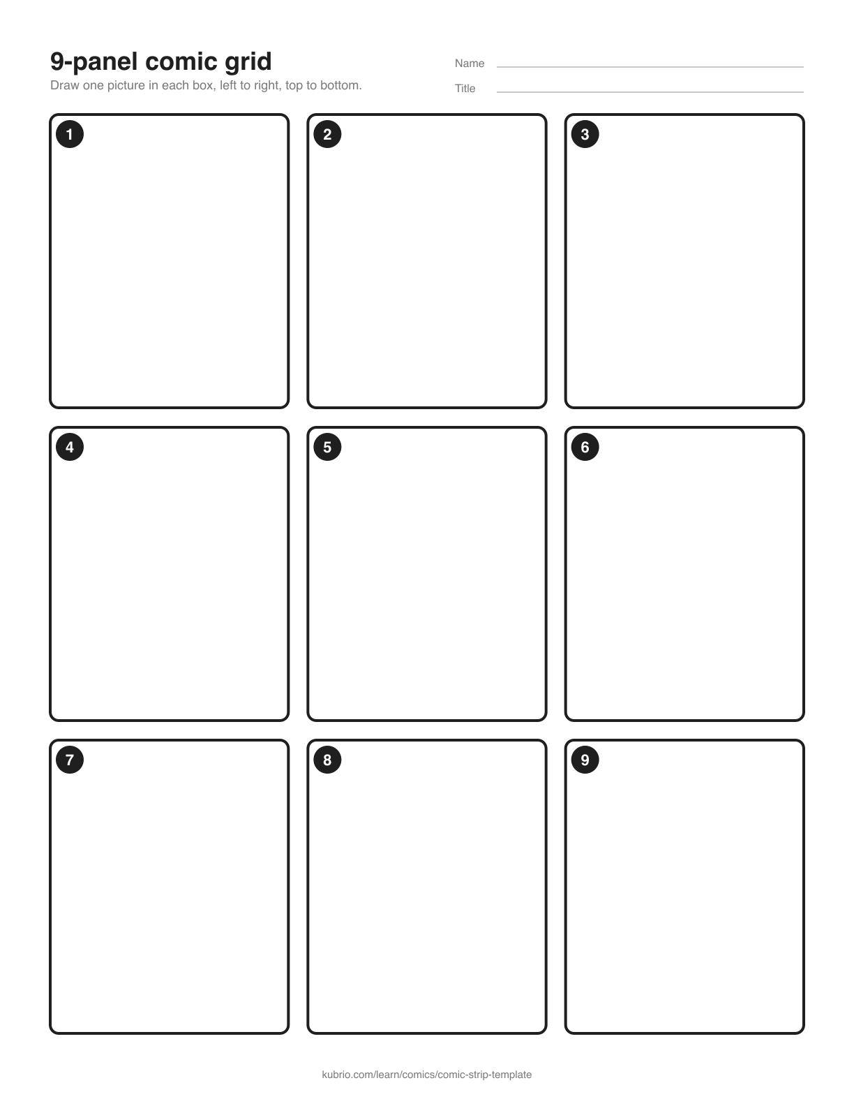 A blank portrait page with nine numbered comic panels in a three-by-three grid.