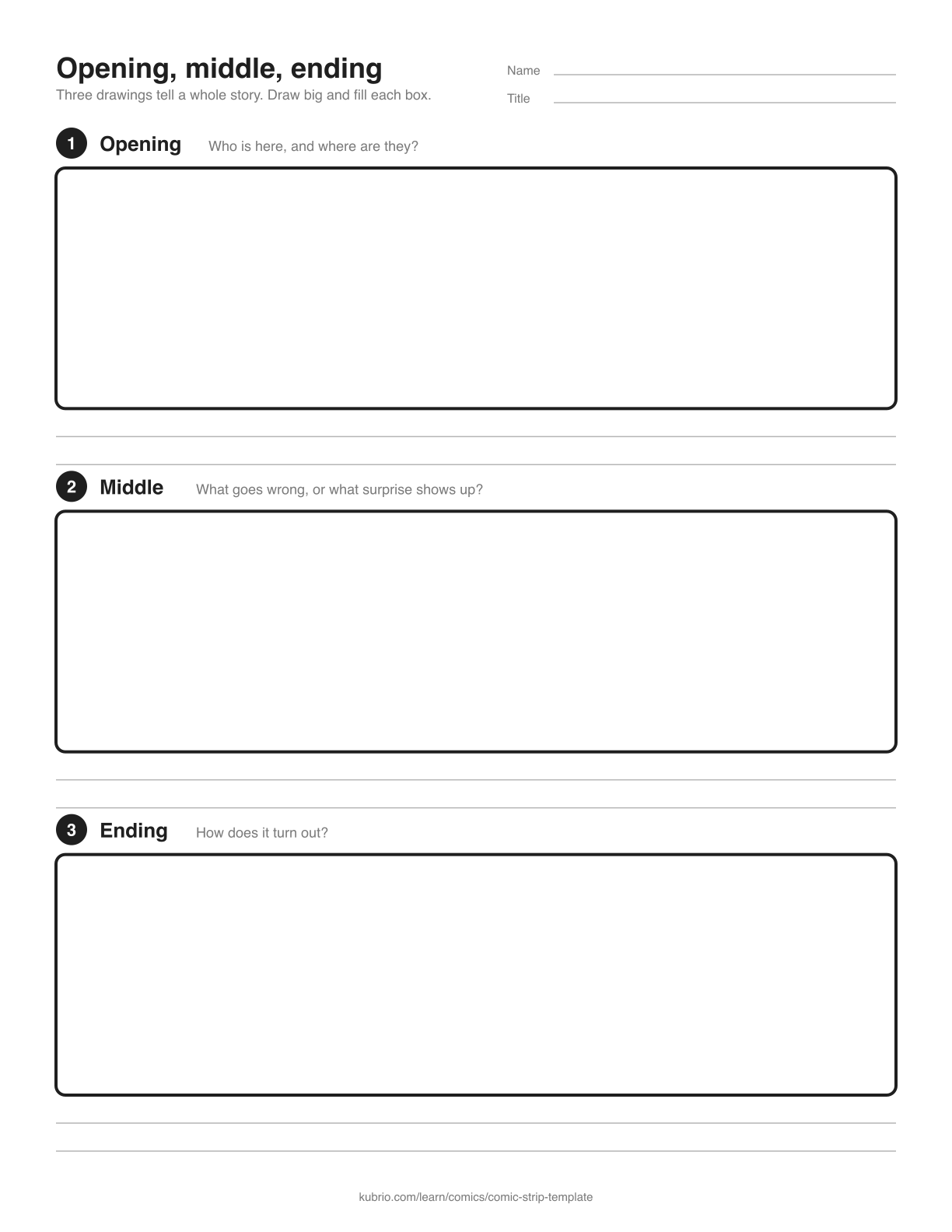 A blank portrait page with three large boxes labeled Opening, Middle, and Ending, each with two writing lines underneath.