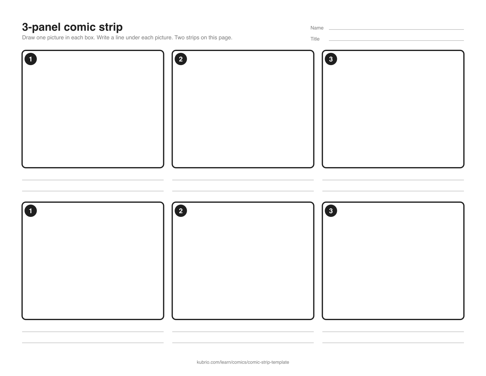 A blank landscape page with two rows of three numbered comic panels, each with two writing lines underneath.