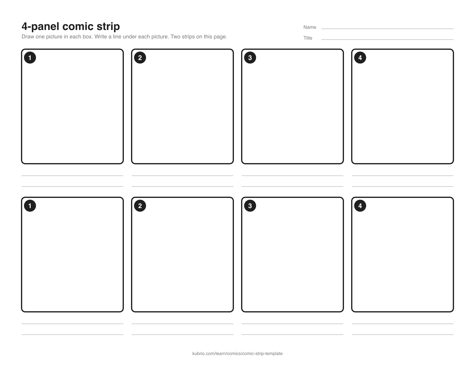 A blank landscape page with two rows of four numbered comic panels, each with two writing lines underneath.